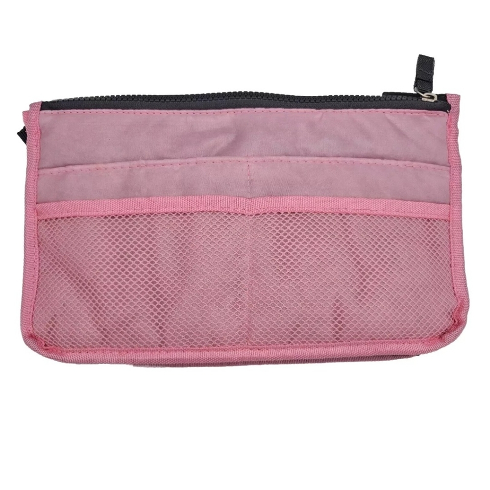 Purse Organizer 13 Pockets Lightweight Nylon NWOT Zippers Snaps Mesh Pink Gray